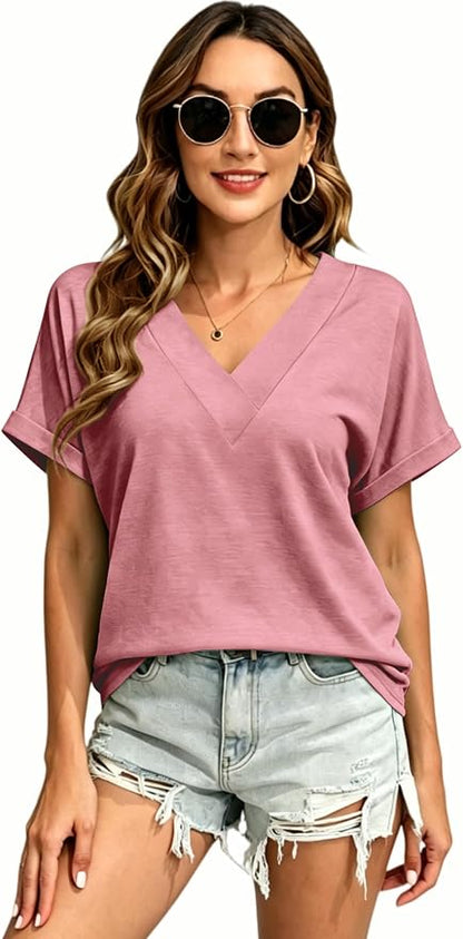 T Shirts Short Sleeve V Neck Tees Womens Tops Beach Vacation Fashion Clothes 2026 Casual Summer Spring Fall Outfits