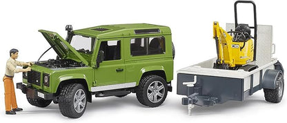 Bruder Land Rover Defender Rigid Drawbar Trailer Jcb Micro Excavator and Construction Worker