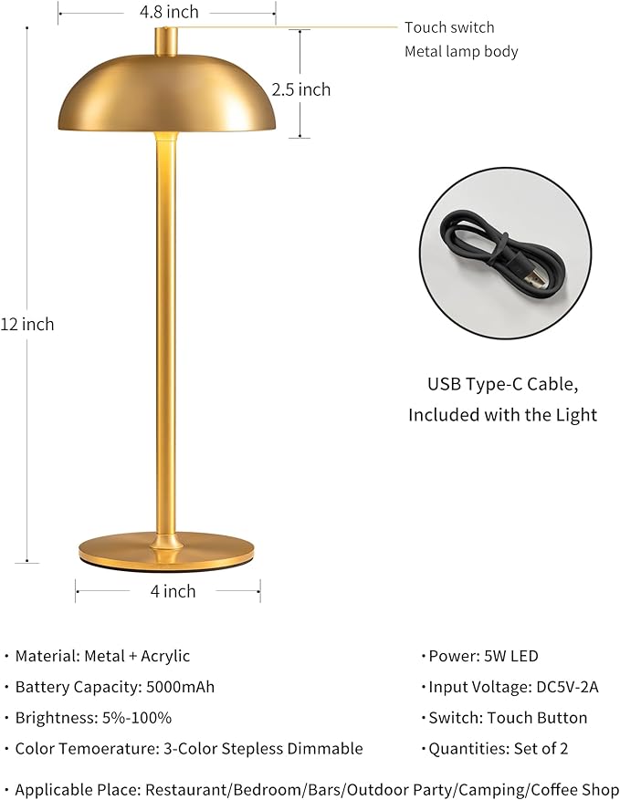 Cordless LED Table Lamp Set of 2, Modern Portable Desk Lamp, 3 Color Stepless Dimming Built-in Rechargeable Battery Lights, for Bedroom, Patio, Outdoor, Restaurant, Bedside Night Lamp(Gold)