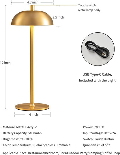 Cordless LED Table Lamp Set of 2, Modern Portable Desk Lamp, 3 Color Stepless Dimming Built-in Rechargeable Battery Lights, for Bedroom, Patio, Outdoor, Restaurant, Bedside Night Lamp(Gold)
