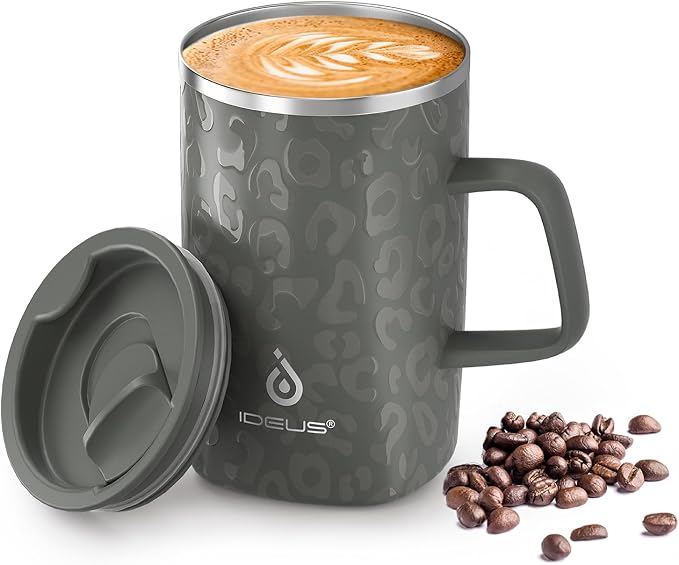 Ideus 16 oz Insulated Stainless Steel Coffee Mug with Lid, Leopard Gray | Perfect for home, office, or daily use| Easy to clean wide mouth| Sweat-proof| On the go