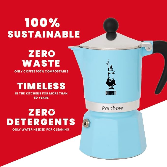 Bialetti Rainbow Moka Pot in Light blue, 3 Cup Stove Top Espresso Maker - Aluminum Cafetera for Ground Coffee, Italian Coffee Maker for Home Brewing