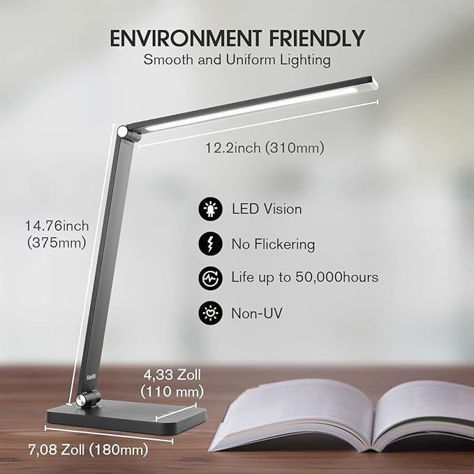 mafiti LED Desk Lamp for Home Office,Touch Desk Light 5 Light Modes 3 Brightness,Foldable Table Lamp with Adjustable Arm,Eye-Caring Lamp with USB Port, Bedside Lamp for working Reading Study,Black