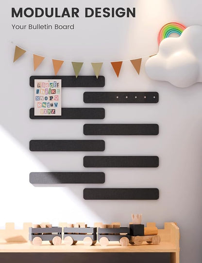 Fluxynara 13" x 2" Felt Wall Panels, Black | 8-Pack Includes 50 Push Pins and Adhesive Tabs for Photos, Notes and Decor in Bedroom Doors, Home Office or Studios