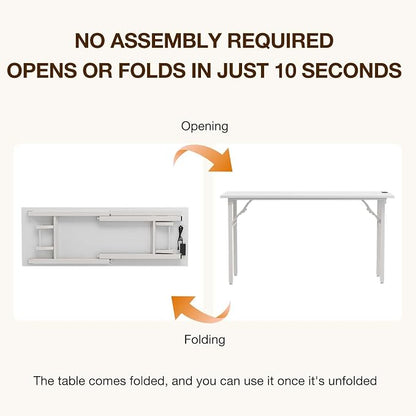 TEMI Long Computer Desk Folding Table - No Assembly, Compact 55.1" Foldable Desk with Power Outlets & USB Charging Port, Portable Lagre Office Desk, Ideal Large Study Table for Narrow Spaces,White Ash