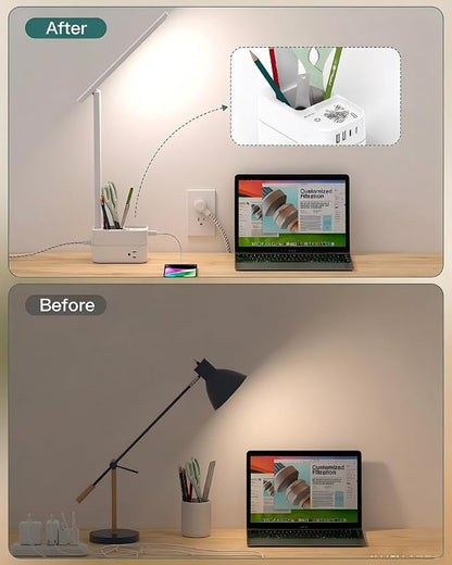 Addtam Desk Lamp with Pen Holder, LED Desk Lamps for Home Office, Power Strip with 3 Outlets 4 USB Charging Ports(2 USBC), 3 Color Modes Touch Lamp, Study Lamps for College Dorm Room Essentials, White