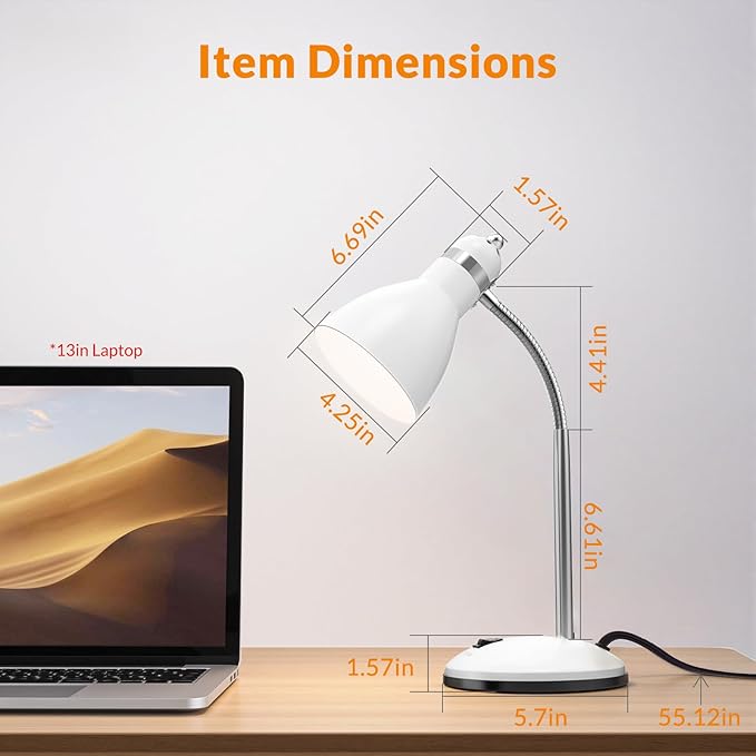 LEPOWER Metal Desk Lamp, Adjustable GooseNeck Reading Light for Bedroom | Compact & Sturdy, Space-Saving for Bedside & Dorm, E26 Table Lamp, Eye-Caring, Ideal for Study, Office, Back to School