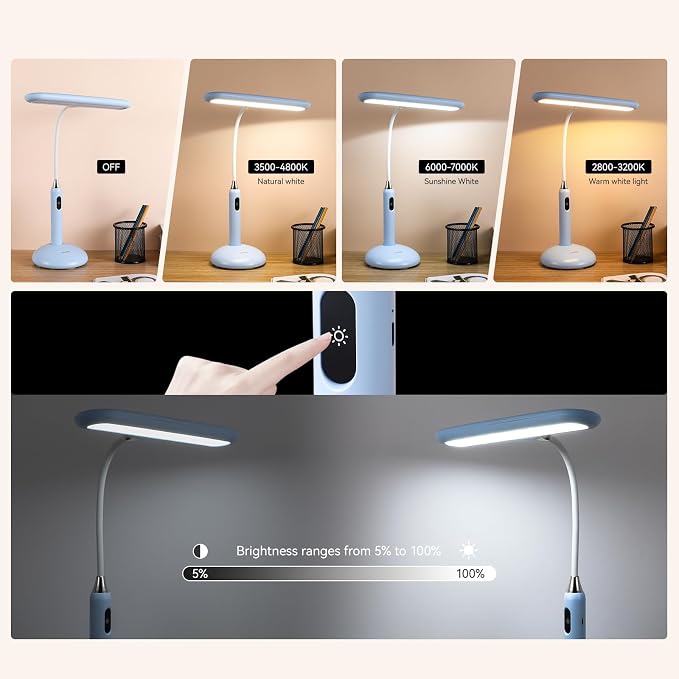 VAVOFO Wireless LED Desk Lamp 6778B - Touch Control, 2700-7000K Adjustable Color Temperature, 700 Lumens, 360° Gooseneck, USB-C Charging, 2.5 Hours Wireless Use, Eye-Caring Light (Blue)
