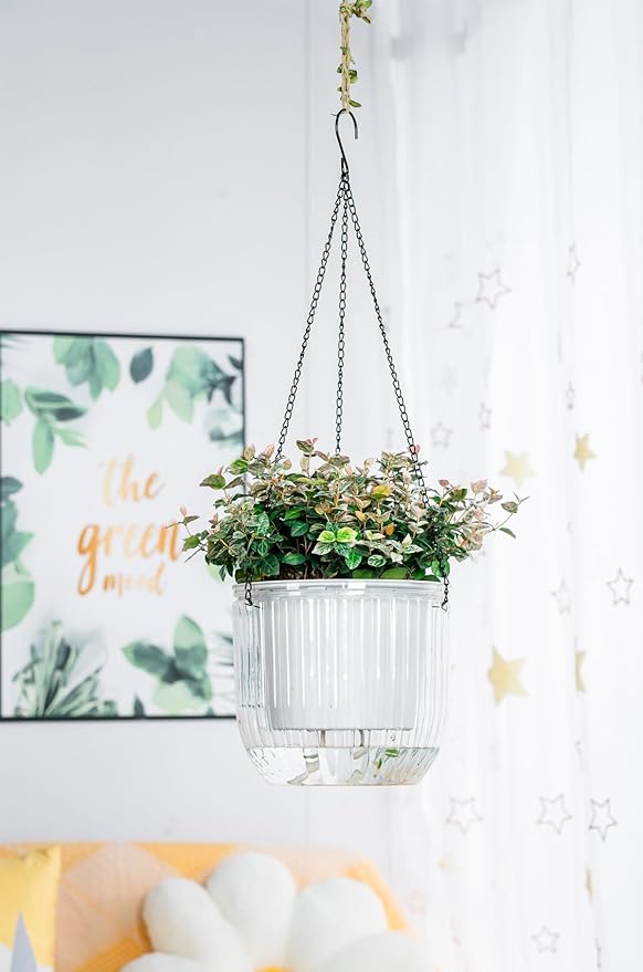 Melphoe 1 Pack Self Watering Hanging Planters Indoor Flower Pots, 8.3 Inch Outdoor Hanging Plant Pot Basket, Plant Hanger with 3Hooks Drainage Holes for Garden Home