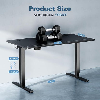 DUMOS 63 Inch Electric Standing Desk, Memory Adjustable Home Office Desk | Sit Stand Up Desk for Work Home Office,Adjustable Desk, Rising Computer Table with Splice Board,Cable Management,Hook,Black