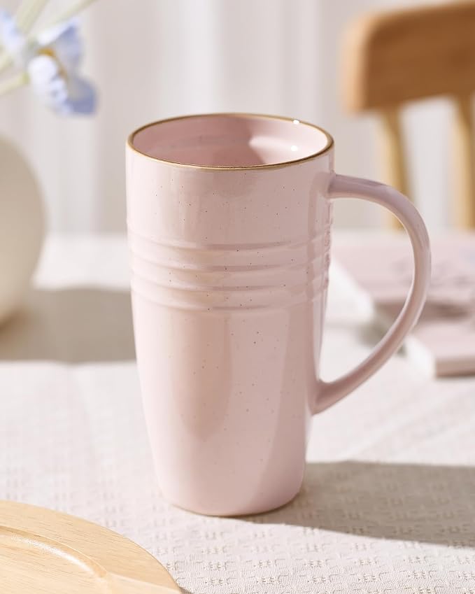 famiware Jupiter Large Coffee Mug, 20oz Coffee Mug with Lid, Ceramic Mugs Set of 4, Cup Set with Handle for Latte, Tea, Cocoa, Milk, Home & Office, Microwave and Dishwasher Safe, Light Pink