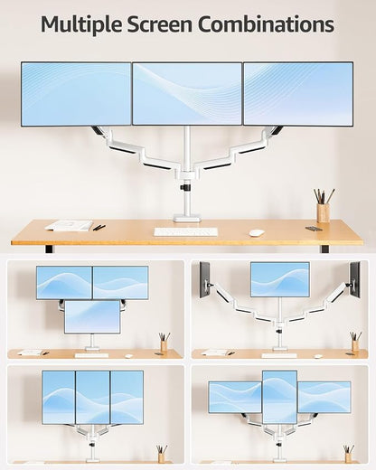 MOUNTUP Triple Monitor Stand Mount - 3 Monitors Desk Mount for Computer Screens Up to 27 inch, Triple Monitor Arm, Heavy Duty Monitors Stand, Each Arm Holds 4.4-19.8 lbs, White