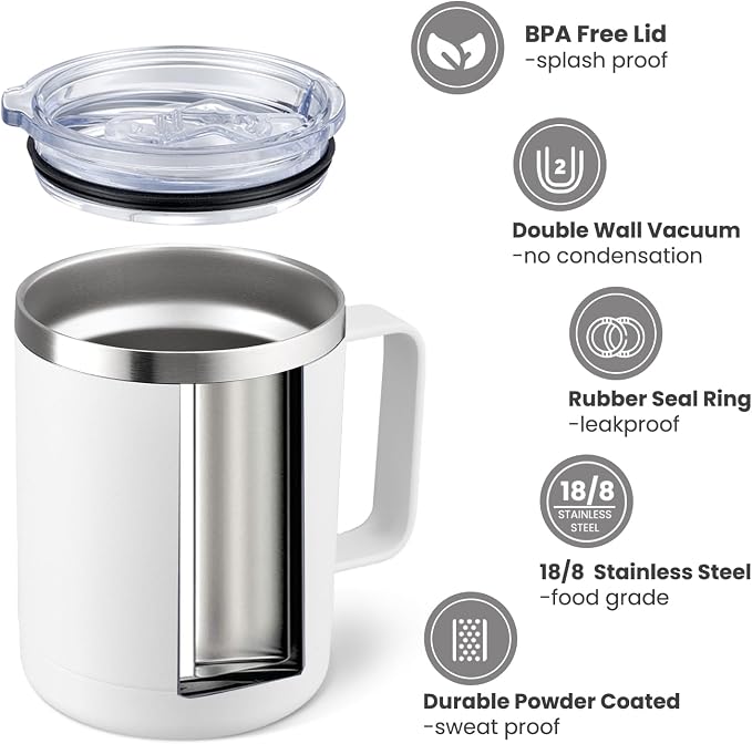 MEWAY 12oz Coffee Mug With Handle and Sliding Lid,Stainless Steel Travel Tumbler Cup with Handle,Double Wall Vacuum Insulated Camping Cup for Hot & Cold Drinks Tea (White, Set of 1