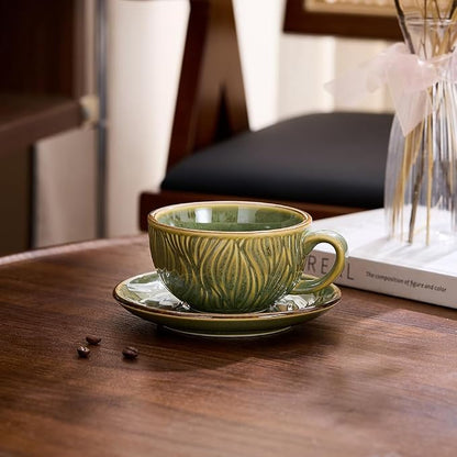 Coffeezone Vintage Design 12 oz Ceramic Latte Art Cappuccino Barista Cup with Saucer (Wave Green)