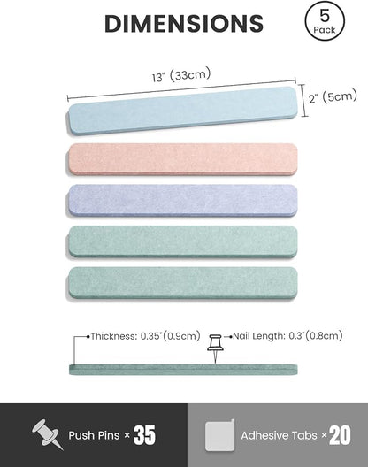 Fluxynara 13" x 2" Felt Wall Panels, Coastal Haze | 5-Pack Cork Board Alternative with 35 Push Pins, Adhesive Mounting for Bedroom Door or Home Office