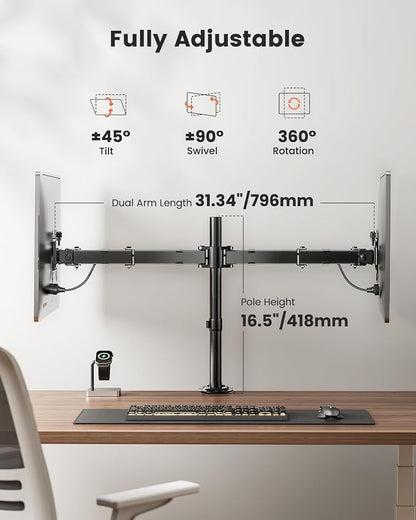 ErGear Dual Monitor Stand, Heavy Duty Adjustable Monitor Desk Mount for 2 Screens up to 32 Inches, Fully Adjustable Height, Tilt, Swivel, Rotate, Supports 17.6 lbs per Monitor Arm, Easy Installation