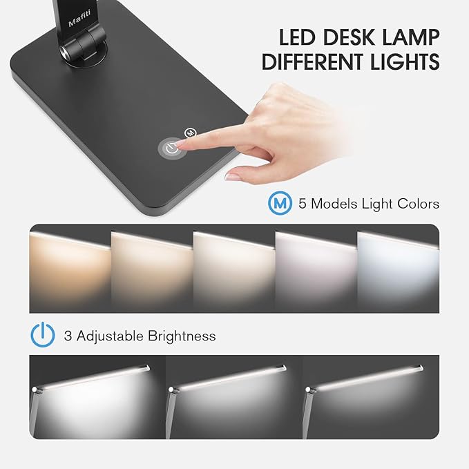 mafiti LED Desk Lamp for Home Office,Touch Desk Light 5 Light Modes 3 Brightness,Foldable Table Lamp with Adjustable Arm,Eye-Caring Lamp with USB Port, Bedside Lamp for working Reading Study,Black