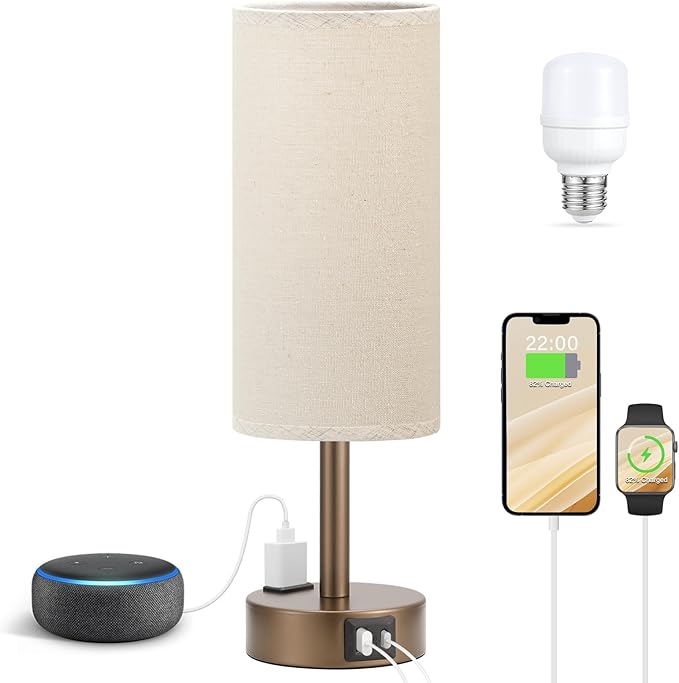 Fenmzee Brown Bedside Table Lamp for Bedroom - 3 Way Dimmable Touch Lamp USB C Charging Ports and AC Outlet, Small Lamp Round Flaxen Fabric Shade for Living Room, Desk, LED Bulb Included