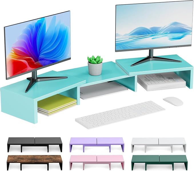 Dual Monitor Stand for Desk, Metal Computer Stand, Desk Shelf Riser,Desktop Organizer for Home and Office Use (Blue)