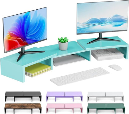 Dual Monitor Stand for Desk, Metal Computer Stand, Desk Shelf Riser,Desktop Organizer for Home and Office Use (Blue)