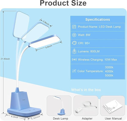LED Desk Lamp with 10W Wireless Charging & Pen Holder, Blue | CRI 95, 800LM, Stepless Dimming, 3 Modes, 360°Flexible Arm, Touch, Study Table Lamp for Home Office, Dorm Room, with Adapter