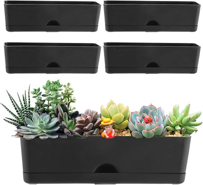 5 Pack Window Boxes Planters 16 Inches Rectangular Planter Herb Planter Boxes Large Plastic Flower Pots Rectangle Black Planter Outdoor and Indoor Succulent Window Sill Planter Self Watering Pots