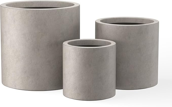 Kante 9.8",12.6",15.7" Dia Round Concrete Planter Set of 3, Modern Style Large Cylindrical Plant Pot with Drainage Hole and Rubber Plug for Indoor Outdoor Patio, Weathered Concrete