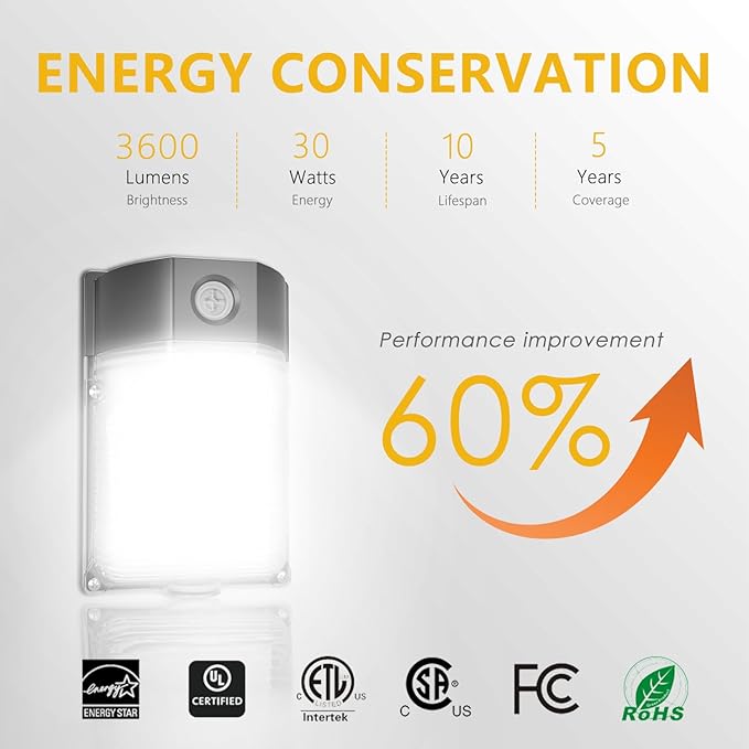 30W LED Wall Pack Light with Dusk to Dawn Sensor, 3600LM, 5000K Daylight, 120Vac Led Porch Lights, IP65 Waterproof Outdoor Security Lighting for Garage Warehouse Garden, ETL Certified, 6 Pack