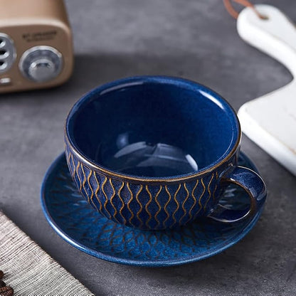 Coffeezone Vintage Design 12 oz Ceramic Latte Art Cappuccino Barista Cup with Saucer (Embossed Blue)
