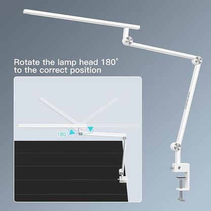 LED Desk Lamp, Desk Light for Home Office, Dual Light Source 18W Brightest, Eye-Caring Optical Lens, Office Lamp, 5 Color Modes & Brightness, Aluminum Alloy Drafting Light, Clamp Lamp, White