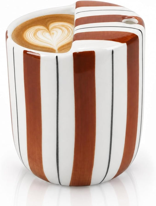 1 Pcs Ceramic Mug with Sip Hole 10 oz Novelty Brown Black Striped Coffee Mug Hand Painted Ceramic Cup Heat Resistant Non Slip Built in One Lid Handcraft Mugs for Coffee Lovers Gift