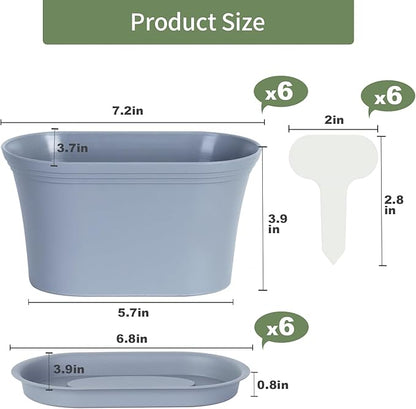 Windowsill Herb Garden Planter with Tray, Set of 6 Grey Oval Farmhouse Garden Pots for Indoor/Outdoor Plants (No Seeds)