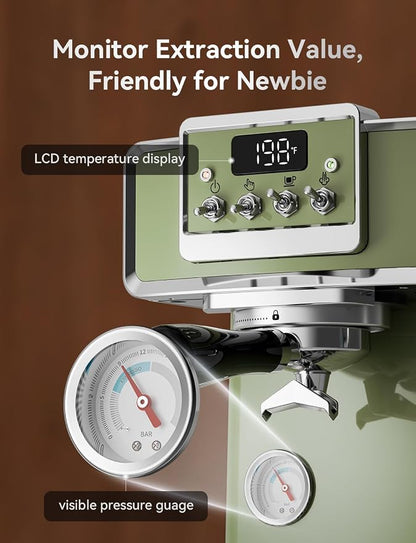 Neretva Professional Retro Espresso Machine with 58mm Portafilter, Green | Visible Pressure Gauge, Powerful Steam Wand, 15 Bar Stainless Steel Espresso Maker for home baristas to make latte cappuccino