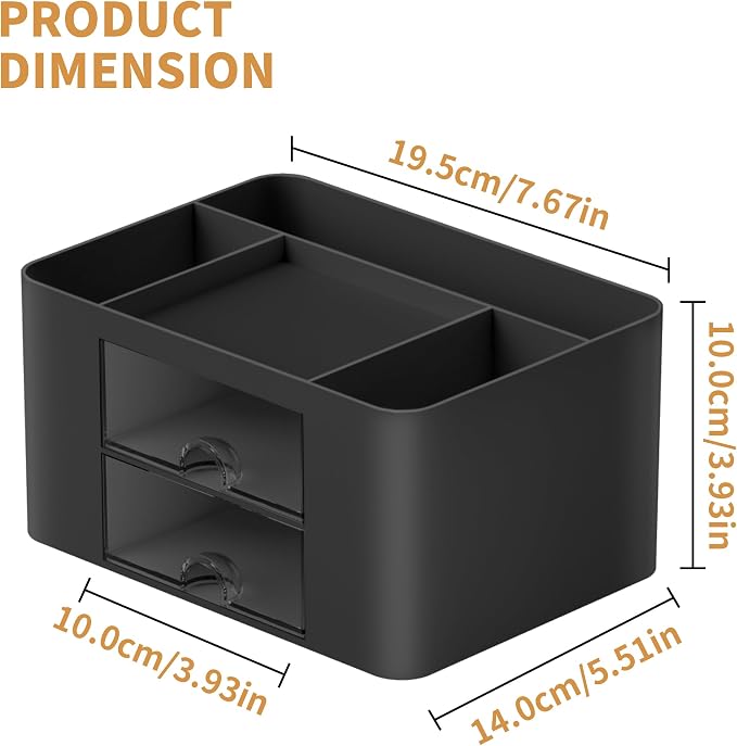 Marbrasse Pen Organizer with 2 Drawer, Multi-Functional Pencil Holder for Desk, Desk Organizers and Accessories with 5 Compartments + Drawer for Office Art Supplies (Black)