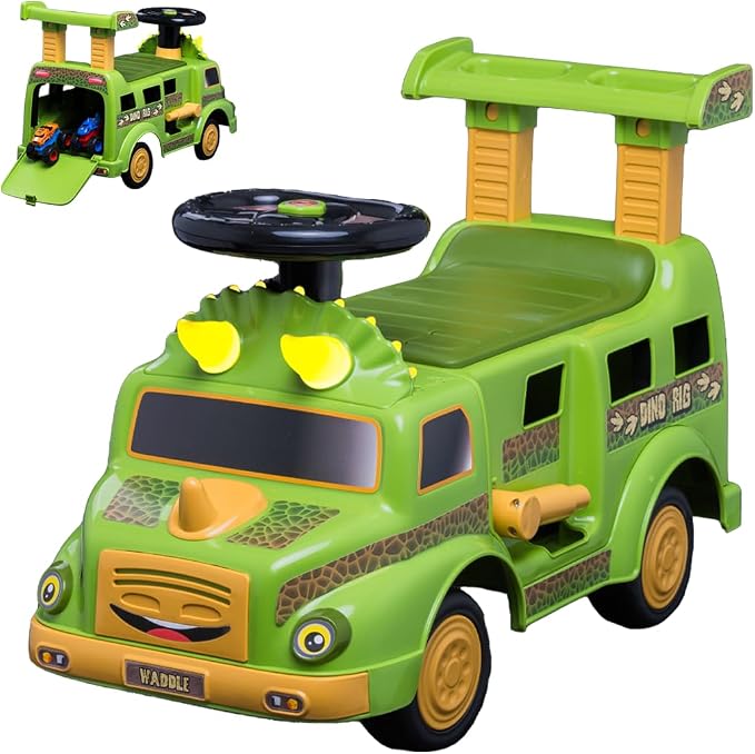 Waddle Dinosaur Toys for Kids - Ride On Cars for Toddlers 1-3, Dino Rig Transporter Includes 2 Monster Rigs, Lights, Sound, Interactive Kids Toy, Indoor, Outdoor Toddler Toys, Up to 44 lbs