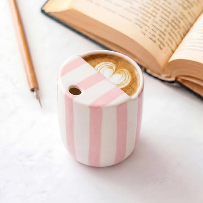 Ceramic Mug with Sip Hole 10 oz Novelty Pink Striped Ceramic Coffee Mug Hand Painted Travel Mugs Heat Resistant Non Slip Built in One Lid Handcraft Mugs for Coffee Lovers Appreciation Gift