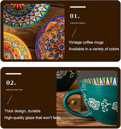 Red Ceramic Mug, Bohemian Hand-Painted, 15 Oz Large Coffee Cup for Milk, Tea, Breakfast, Dishwasher & Microwave Safe Cup