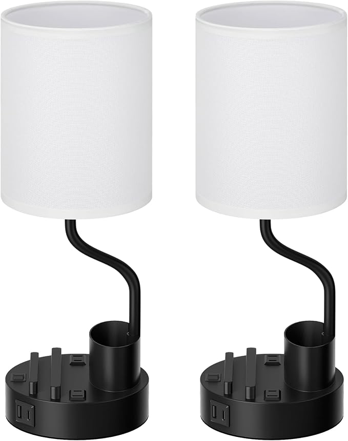 Fenmzee Bedside Lamps for Bedroom Set of 2 - Table Desk Lamp for Nightstand | 15" Table Lamp for Living Room with Pen Holder & Phone Stand, USB A+C Port, AC Outlet, 3 Color Temperature, LED Bulb Included