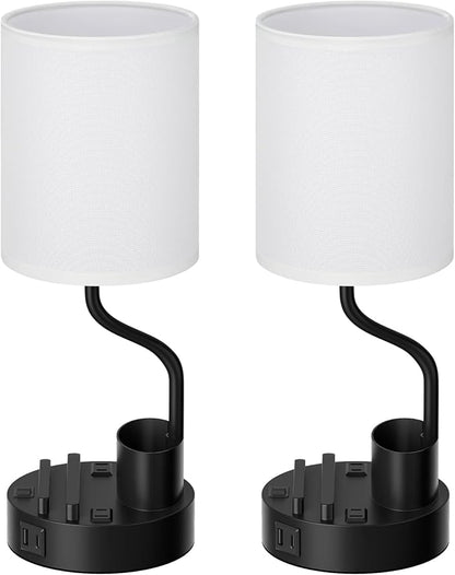 Fenmzee Bedside Lamps for Bedroom Set of 2 - Table Desk Lamp for Nightstand | 15" Table Lamp for Living Room with Pen Holder & Phone Stand, USB A+C Port, AC Outlet, 3 Color Temperature, LED Bulb Included