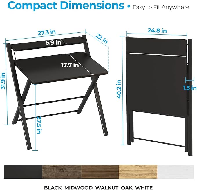 GreenForest Folding Desk No Assembly, Sturdy Computer Desk for Small Spaces | Portable Foldable Table for Laptop, 2-Tier Compact with Shelf, Space Saving for Home Office, Dorm, Apartment, 27"x 22" Black