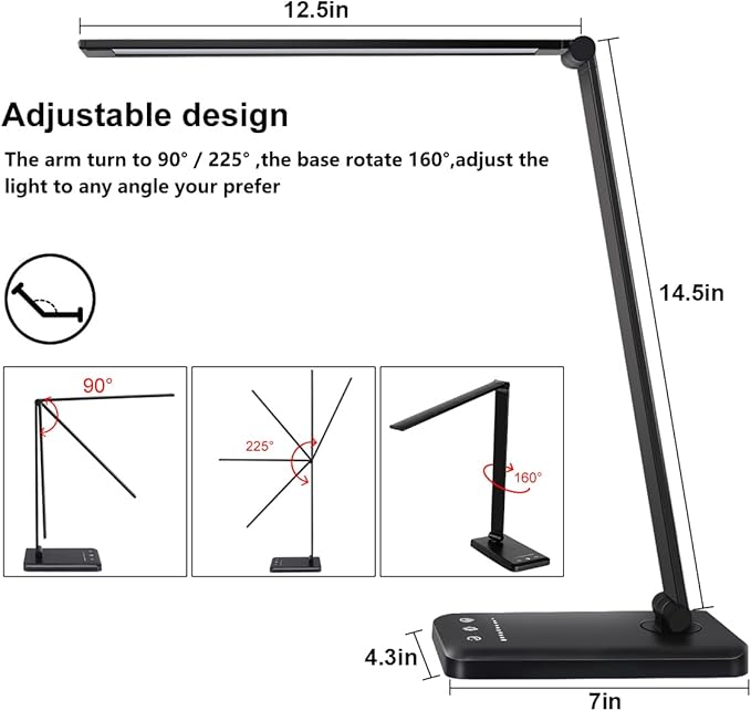 White crown LED Desk Lamp Dimmable Table Lamp Reading Lamp with USB Charging Port, 5 Lighting Modes, Sensitive Control, 30/60 Minutes Timer (Black, First-Generation)