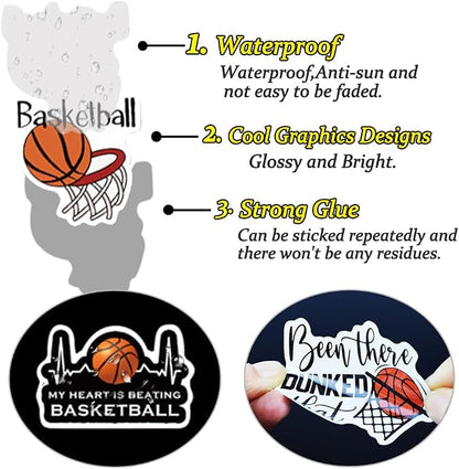 QTL Basketball Stickers for Kids Boys Basketball Party Supplies Waterproof Vinyl Stickers for Water Bottle Laptop 50 Pcs