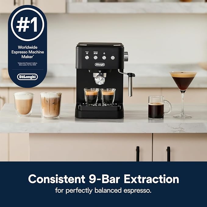 De’Longhi Classic Matte Black Espresso Machine, Easy-to-Use Milk Frother | #1 Worldwide Espresso Machine Maker, Rapid Heat-Up, Preset Single & Double Espresso, Frother, Compact Design