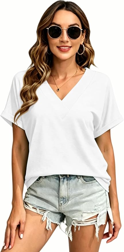 T Shirts Short Sleeve V Neck Tees Womens Tops Beach Vacation Fashion Clothes 2026 Casual Summer Spring Fall Outfits