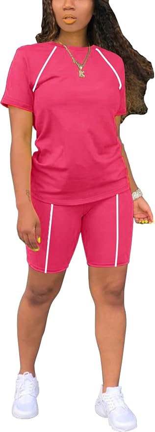 STOLKISS Women 2 piece Short Sets Classic Striped Outfits Summer Casual Short Sleeve T-Shirt and Short Jogger Tracksuits Sets