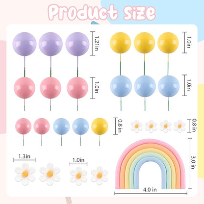 Rainbow Cake Topper 26Pcs Macaroon Balls Cake Decorations with Flower Groovy Cake Toppers Daisy Themed Cake Decorations Colorful Ball Cupcake Cake Decor for Girl Bohemian Hippie Wedding Party