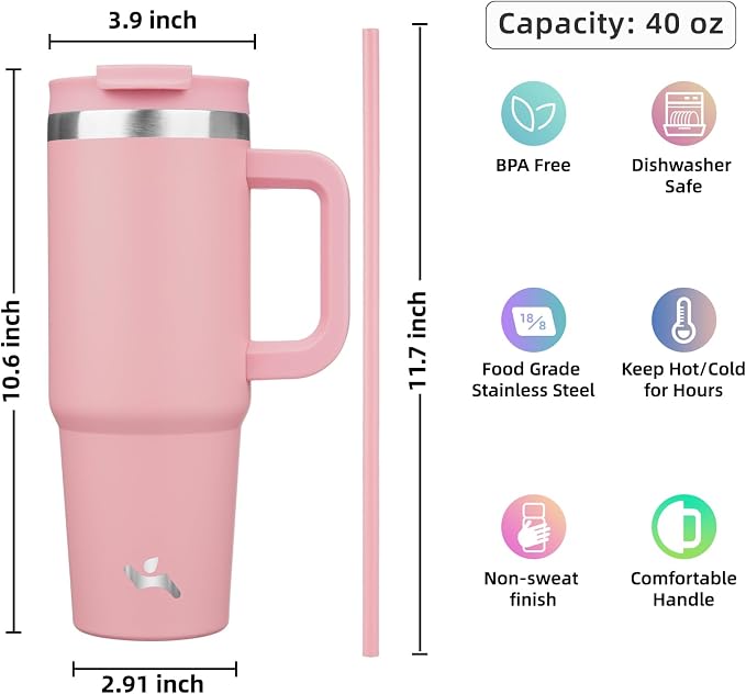 Konokyo 40 oz Insulated Tumbler Water Bottle with Handle, Straw Lid | BPA-free and dishwasher safe; made for gym, travel, coffee and gifting, 2 straws, cup holder friendly,Pink
