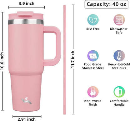 Konokyo 40 oz Insulated Tumbler Water Bottle with Handle, Straw Lid | BPA-free and dishwasher safe; made for gym, travel, coffee and gifting, 2 straws, cup holder friendly,Pink