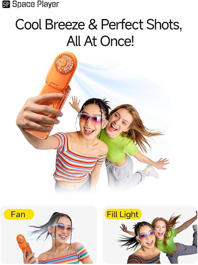 Space Player 6-in-1 Mini Fan, Portable Handheld Fan with Neck Fan, Magnetic Phone Mount, Desktop Stand & Selfie Fill Light, USB Rechargeable Pocket Fan for Travel, Cruise, Concert, Makeup,Purple