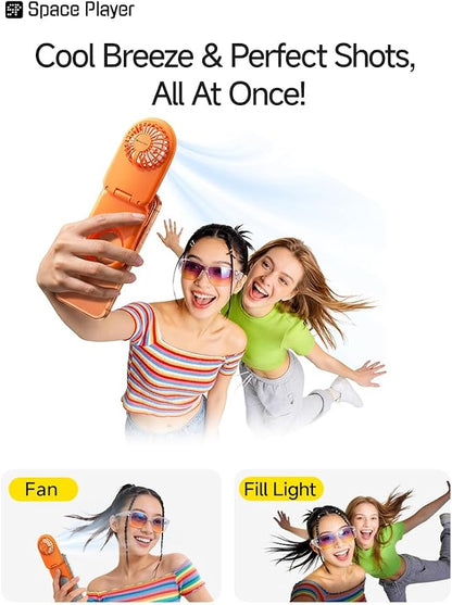 Space Player 6-in-1 Mini Fan, Portable Handheld Fan with Neck Fan, Magnetic Phone Mount, Desktop Stand & Selfie Fill Light, USB Rechargeable Pocket Fan for Travel, Cruise, Concert, Makeup,Purple
